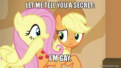 Size: 800x450 | Tagged: applejack, derpibooru import, edit, edited screencap, female, fluttershy, image macro, lesbian, makeameme.org, meme, safe, screencap, viva las pegasus