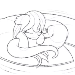 Size: 500x500 | Tagged: alp-luachra, artist:suspega, badumsquish approved, curled up, derpibooru import, lilypad, monochrome, oc, oc:mave, original species, safe, sketch, sleeping, solo, unofficial characters only, water
