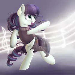 Size: 2000x2000 | Tagged: safe, artist:vanillaghosties, derpibooru import, coloratura, earth pony, pony, clothes, ear fluff, female, looking up, mare, music notes, open mouth, raised hoof, rara, singing, smiling, solo, standing