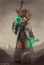 Size: 1280x1908 | Tagged: safe, artist:blvckmagic, derpibooru import, oc, oc:caliber, unofficial characters only, pony, semi-anthro, unicorn, fallout equestria, anti-materiel rifle, armor, clothes, explicit source, glowing horn, gun, knife, machete, magic hands, pose, rifle, solo, trenchcoat, weapon