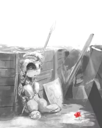 Size: 1259x1583 | Tagged: safe, artist:anticular, derpibooru import, earth pony, pony, armor, battlefield, flower, grayscale, monochrome, neo noir, partial color, poppy, royal guard, sitting, solo, spear, trench, weapon, world war i