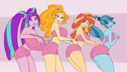 Size: 1280x720 | Tagged: suggestive, artist:moronsonofboron, derpibooru import, adagio dazzle, aria blaze, sonata dusk, sunset shimmer, equestria girls, adagio dat-azzle, arse-ia blaze, ass, bedroom eyes, belly button, big breasts, bra, breasts, bunset shimmer, busty adagio dazzle, busty aria blaze, busty sunset shimmer, cleavage, clothes, colored, curvy, female, females only, hourglass figure, huge breasts, huge butt, k-pop, large butt, lipstick, looking at you, midriff, nipple outline, quartet, sexy, shorts, simple background, sistar, size difference, smiling, sonata donk, the ass was fat, the dat-azzlings, the dazzlings, thighs, thunder thighs, underwear, wide hips