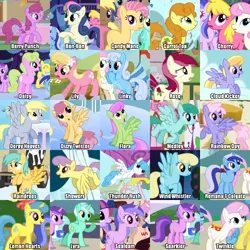 Size: 1000x1000 | Tagged: safe, derpibooru import, edit, edited screencap, screencap, amethyst star, berry punch, berryshine, bon bon, candy mane, carrot top, cherry berry, cloud kicker, daisy, derpy hooves, dizzy twister, flower wishes, golden harvest, lemon hearts, lightning bolt, lily, lily valley, linky, lyra heartstrings, merry may, minuette, orange swirl, parasol, rainbowshine, roseluck, sassaflash, sea swirl, seafoam, shoeshine, spring melody, sprinkle medley, sunshower raindrops, sweetie drops, thunder rush, twinkleshine, white lightning, earth pony, pegasus, pony, unicorn, applebuck season, call of the cutie, feeling pinkie keen, friendship is magic, season 1, sonic rainboom (episode), swarm of the century, winter wrap up, artifact, background pony, background pony chart, collage, cropped, female, flower trio, mare, old names, romana, showers, solo focus, wall of tags