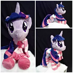 Size: 2000x2000 | Tagged: artist:flutterplushies, clothes, derpibooru import, irl, photo, plushie, saddle, safe, scarf, socks, solo, striped socks, tack, twilight sparkle, winter wrap up