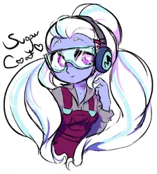 Size: 590x654 | Tagged: safe, artist:blastosunnydee, derpibooru import, sugarcoat, equestria girls, friendship games, cute, earmuffs, female, long hair, looking at you, overalls, pigtails, safety goggles, signature, simple background, sketchy, smiling, solo, sugarcute, twintails, white background