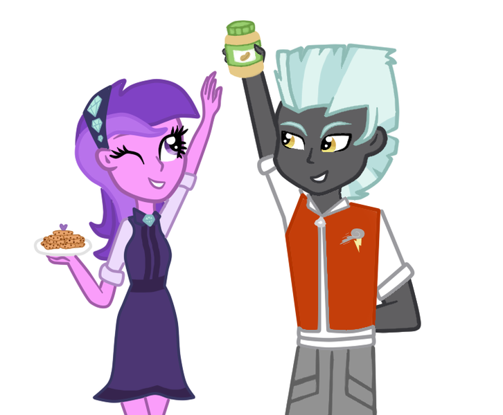 Size: 743x614 | Tagged: safe, artist:purpleloverpony, derpibooru import, amethyst star, thunderlane, equestria girls, amethystlane, cookie, equestria girls-ified, flirting, food, male, peanut butter, shipping, straight, teasing, that pony sure loves peanut butter