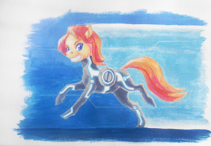 Size: 1000x694 | Tagged: safe, artist:adeptus-monitus, derpibooru import, oc, oc:maytee, unofficial characters only, earth pony, pony, crossover, solo, traditional art, tron legacy