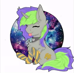 Size: 742x740 | Tagged: safe, artist:maydeathdousapart, derpibooru import, oc, oc:frenzy nuke, unofficial characters only, pony, unicorn, chest fluff, clothes, cloths, collar, digital art, eyes closed, sitting, socks, solo, striped socks, tongue out