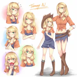 Size: 1000x1000 | Tagged: anime, apple, applejack, artist:elaphine, belly button, blushing, boots, clothes, daisy dukes, derpibooru import, dungarees, food, front knot midriff, human, humanized, midriff, safe, self paradox, shirt, shorts, teenage applejack, t-shirt