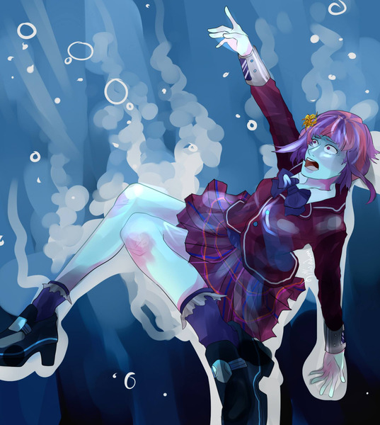 Size: 1280x1431 | Tagged: semi-grimdark, artist:niiyou, derpibooru import, sunny flare, equestria girls, abuse, air bubble, asphyxiation, bubble, clothes, crystal prep academy uniform, crystal prep shadowbolts, drowning, horror, imminent death, school uniform, solo, sunnybuse, underwater