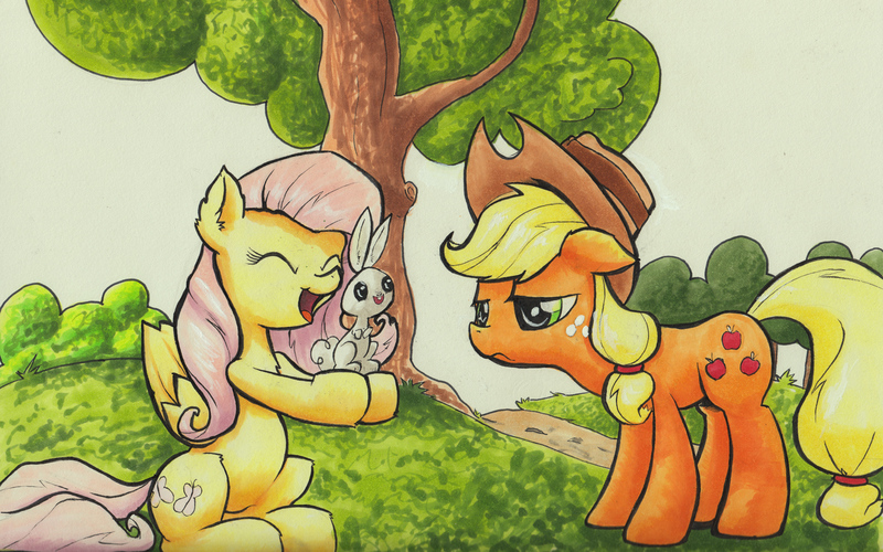 Size: 1920x1200 | Tagged: angel bunny, applejack, applejack is not amused, artist:kittyhawk-contrail, copic, derpibooru import, duo, fluttershy, holding, lidded eyes, open mouth, rabbit, safe, showing, sitting, traditional art, tree, unamused