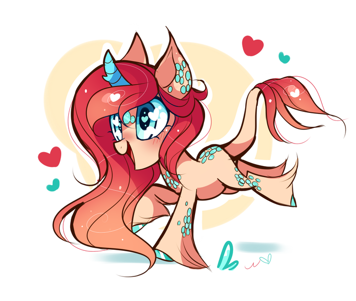 Size: 1000x845 | Tagged: safe, artist:ipun, derpibooru import, oc, oc:summer bloom, unofficial characters only, pony, unicorn, curved horn, heart, heart eyes, open mouth, raised hoof, simple background, smiling, solo, unshorn fetlocks, white background, wingding eyes