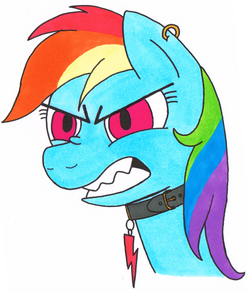 Size: 2856x3380 | Tagged: angry, artist:steam-loco, collar, cutie mark collar, derpibooru import, ear piercing, earring, gritted teeth, jewelry, piercing, rainbow dash, safe, simple background, solo