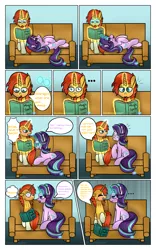 Size: 1024x1638 | Tagged: safe, artist:northlights8, derpibooru import, starlight glimmer, sunburst, ..., blushing, comic, couch, dialogue, fake glasses, glasses, levitation, lidded eyes, magic, male, on back, open mouth, prone, reading, shipping, sitting, smiling, spellbook, starburst, straight, sweat, sweatdrop, telekinesis, thought bubble, tongue out, wide eyes