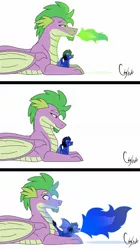 Size: 1024x1828 | Tagged: artist:colourstrike, comic, derpibooru import, dragon, eyes closed, father and son, fire, fire breath, oc, oc:torch, offspring, older, older spike, open mouth, parent:princess ember, parents:emberspike, parent:spike, prone, safe, smiling, spike, spread wings, surprised, winged spike