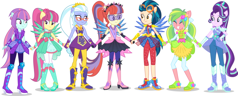 Size: 7000x2815 | Tagged: safe, artist:limedazzle, derpibooru import, edit, part of a set, vector edit, applejack, fluttershy, indigo zap, lemon zest, moondancer, pinkie pie, rainbow dash, rarity, sci-twi, sour sweet, starlight glimmer, sugarcoat, sunny flare, sunset shimmer, twilight sparkle, equestria girls, legend of everfree, absurd resolution, alternate universe, boots, clothes, crystal guardian, crystal wings, eyes closed, goggles, high heel boots, holding hands, humane five, mane six, ponied up, request, shadow five, shoes, simple background, smiling, sparkles, super ponied up, transparent background, vector, visor, wall of tags, wings