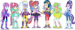 Size: 7000x2815 | Tagged: safe, artist:limedazzle, derpibooru import, edit, part of a set, vector edit, applejack, fluttershy, indigo zap, lemon zest, moondancer, pinkie pie, rainbow dash, rarity, sci-twi, sour sweet, starlight glimmer, sugarcoat, sunny flare, sunset shimmer, twilight sparkle, equestria girls, legend of everfree, absurd resolution, alternate universe, boots, clothes, crystal guardian, crystal wings, eyes closed, goggles, high heel boots, holding hands, humane five, mane six, ponied up, request, shadow five, shoes, simple background, smiling, sparkles, super ponied up, transparent background, vector, visor, wall of tags, wings