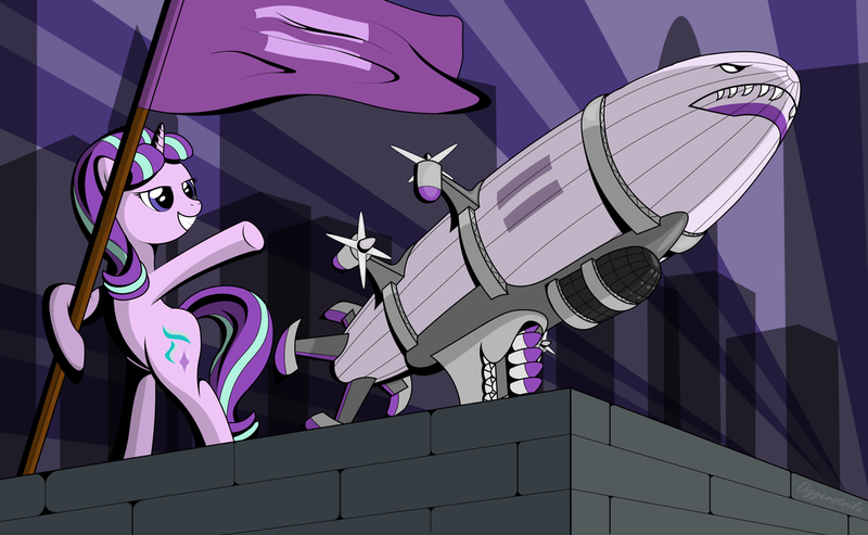 Size: 1024x631 | Tagged: safe, artist:diggerstrike, derpibooru import, starlight glimmer, pony, airship, bipedal, bipedal leaning, command and conquer, crossover, equal sign, flag, grin, kirov airship, leaning, red alert 2, red alert 3, rocket, smiling, solo, stalin glimmer, underhoof