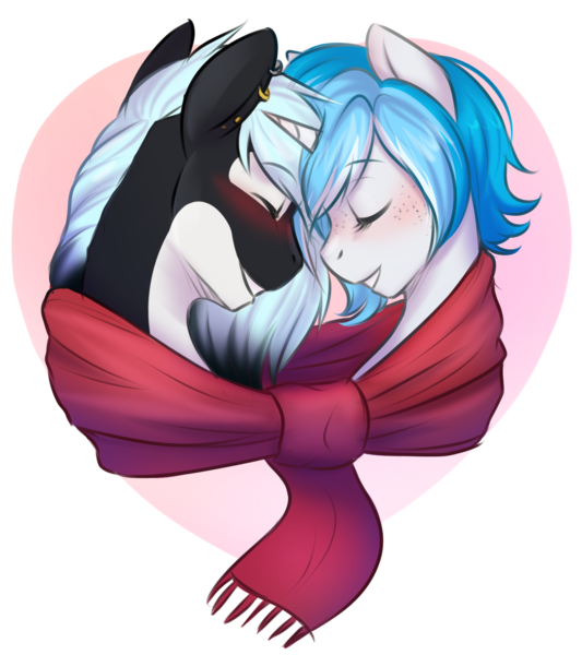 Size: 1141x1284 | Tagged: safe, artist:askbubblelee, derpibooru import, oc, oc:bubble lee, oc:imago, oc:mako, unofficial characters only, hybrid, orca pony, original species, unicorn, clothes, couple, cute, eyes closed, freckles, makolee, male, oc x oc, scarf, shared clothing, shared scarf, shipping, short mane, simple background, straight, transparent background