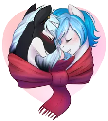 Size: 1141x1284 | Tagged: safe, artist:askbubblelee, derpibooru import, oc, oc:bubble lee, oc:imago, oc:mako, unofficial characters only, hybrid, orca pony, original species, unicorn, clothes, couple, cute, eyes closed, freckles, makolee, male, oc x oc, scarf, shared clothing, shared scarf, shipping, short mane, simple background, straight, transparent background