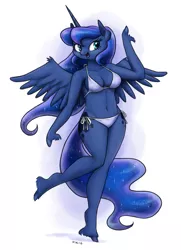Size: 1161x1600 | Tagged: anthro, arm hooves, artist:king-kakapo, belly button, bikini, breasts, clothes, derpibooru import, female, lidded eyes, multiple variants, open mouth, part of a set, princess luna, raised leg, simple background, smiling, solo, solo female, spread wings, suggestive, swimsuit, unguligrade anthro, unshorn fetlocks, white background