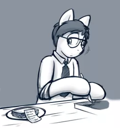 Size: 668x711 | Tagged: artist:deyogee, clothes, crossover, derpibooru import, food, glasses, herbert west, h.p. lovecraft, monochrome, ponified, re-animator, safe, sketch, solo