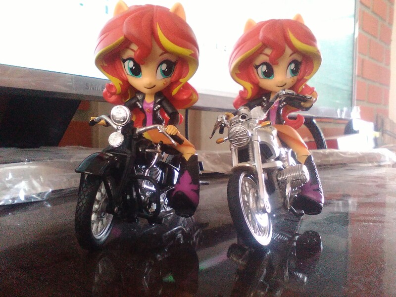 Size: 2592x1944 | Tagged: safe, derpibooru import, sunset shimmer, equestria girls, boots, clothes, doll, equestria girls minis, eqventures of the minis, jacket, leather jacket, motorcycle, self paradox, skirt, toy