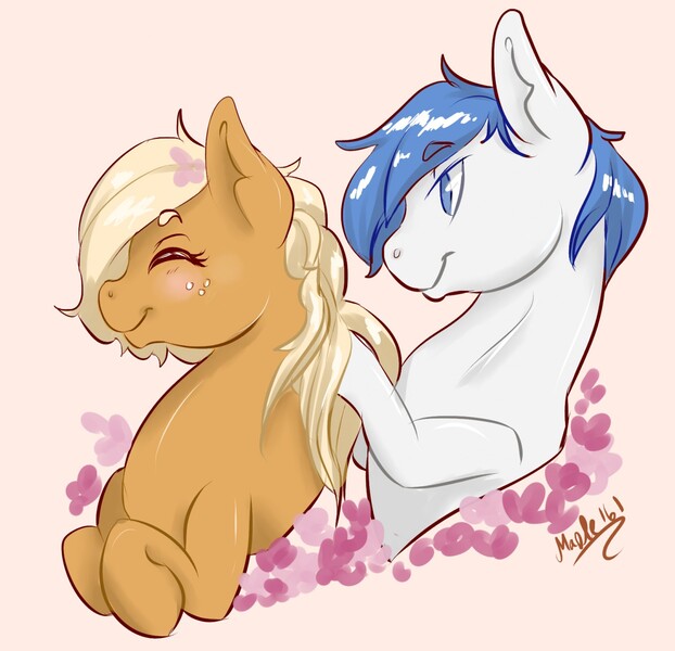 Size: 1280x1234 | Tagged: safe, derpibooru import, applejack, oc, oc:constance everheart, blushing, braiding, canon x oc, everjack, flower, shipping, smiling