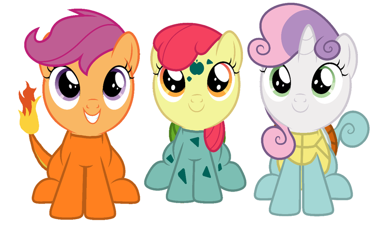 Size: 1391x806 | Tagged: adorabloom, apple bloom, artist:red4567, bulbasaur, charmander, crossover, cute, cutealoo, cutie mark crusaders, derpibooru import, diasweetes, higher quality in description, on your marks, pokémon, safe, scootaloo, sitting, squirtle, sweetie belle