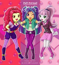 Size: 1101x1200 | Tagged: safe, artist:uotapo, derpibooru import, adagio dazzle, apple bloom, aria blaze, scootaloo, sonata dusk, sweetie belle, equestria girls, adorabloom, blushing, boots, clothes, colored pupils, cosplay, cute, cutealoo, cutie mark, cutie mark crusaders, cutie mark cuties, diasweetes, fall formal, fall formal princess competition, female, high heel boots, high heels, jewelry, leggings, looking at you, microphone, necklace, one eye closed, open mouth, pants, pigtails, ponytail, shoes, skirt, socks, the cmc's cutie marks, the dazzlings, trio, twintails, uotapo is trying to murder us, uotapo will kill us all, weapons-grade cute, wig, wink