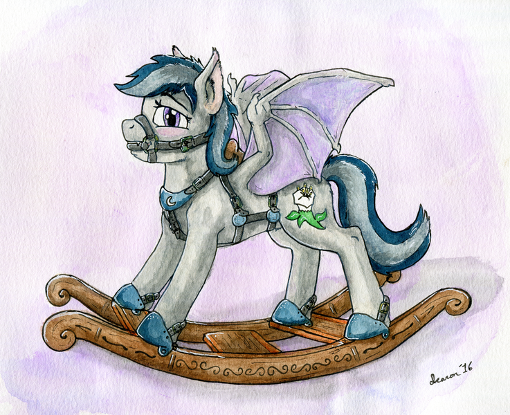 Size: 2752x2241 | Tagged: questionable, artist:icaron, derpibooru import, oc, oc:daturea eventide, unofficial characters only, bat pony, pony, bit gag, bondage, breast collar, bridle, gag, harness, rocking horse, rocking horse bondage, saddle, solo, spread wings, tack, traditional art, watercolor painting