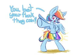 Size: 1280x939 | Tagged: safe, artist:heir-of-rick, derpibooru import, rainbow dash, pony, bipedal, chest fluff, clothes, cute, dashabetes, dialogue, fluffy, impossibly large ears, looking at you, open mouth, pointing, simple background, smiling, solo, spread wings, swim trunks, swimsuit, topless, underhoof, white background