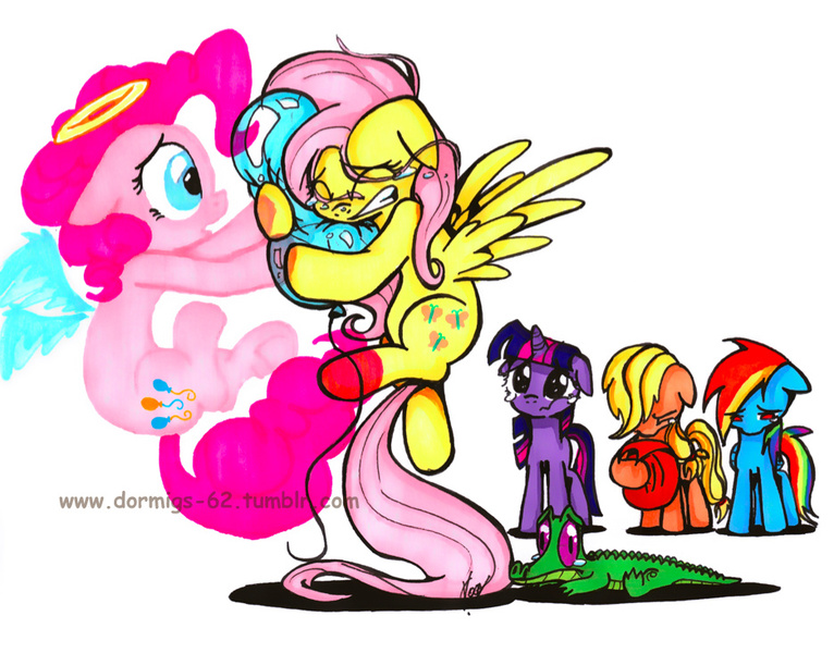 Size: 936x733 | Tagged: safe, artist:vago-xd, derpibooru import, applejack, fluttershy, gummy, pinkie pie, rainbow dash, twilight sparkle, earth pony, ghost, pegasus, pony, unicorn, angel, balloon, crying, dead, emotional, female, hug, mare, mourning, sad, simple background, white background