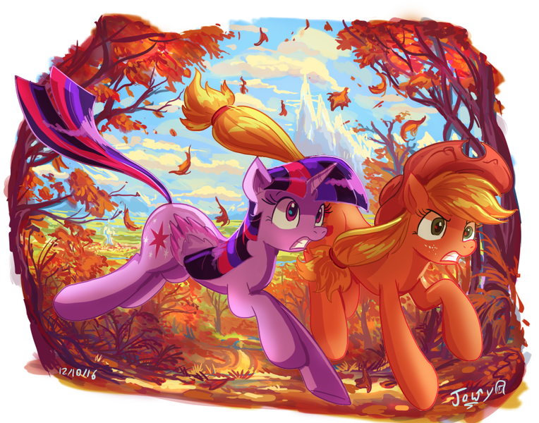 Size: 915x719 | Tagged: dead source, safe, artist:jowybean, derpibooru import, applejack, twilight sparkle, twilight sparkle (alicorn), alicorn, earth pony, pony, twijack weekly, autumn, duo, female, forest, image, leaves, mare, png, running, scenery, twijack