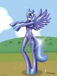 Size: 800x1071 | Tagged: suggestive, derpibooru import, princess luna, alicorn, anthro, human, unguligrade anthro, arm hooves, bodysuit, breasts, clothes, costume, costume takeover, encasement, female, harry potter, hood, inflatable, latex, latex suit, lightly watermarked, link in description, luna lovegood, magic, magic wand, mind control, namesake, outstretched arms, pony costume, ponysuit, s1 luna, skintight, solo, solo female, spread wings, story included, watermark