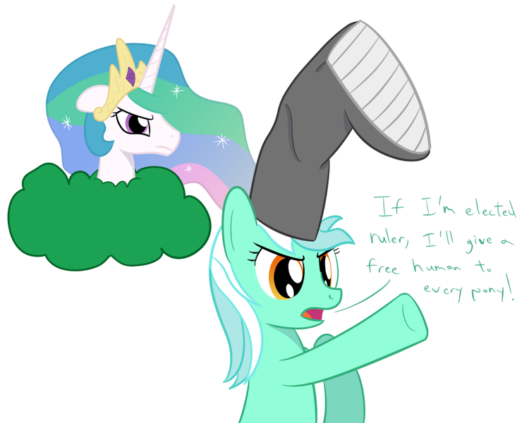 Size: 1000x800 | Tagged: angry, artist:mightyshockwave, boot, bush, bust, derpibooru import, dialogue, election, floppy ears, frown, hat, humie, lyra heartstrings, open mouth, princess celestia, safe, simple background, underhoof, vermin supreme, white background