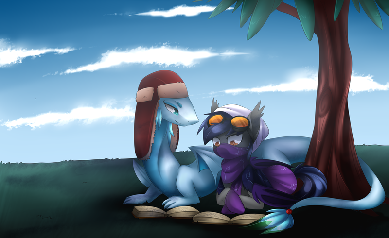 Size: 4200x2570 | Tagged: safe, artist:scarlet-spectrum, derpibooru import, oc, oc:noxavian, oc:yaretzi, unofficial characters only, bat pony, dragon, pony, absurd resolution, book, clothes, commission, duo, goggles, reading, scenery, tree, wyrm