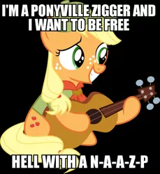 Size: 550x600 | Tagged: safe, deleted from derpibooru, derpibooru import, edit, edited screencap, screencap, applejack, earth pony, pony, acoustic guitar, bait, filly, filly applejack, guitar, hoof hold, johnny rebel, low quality bait, mouthpiece, musical instrument, out of character, racism, solo, vulgar, ziggers