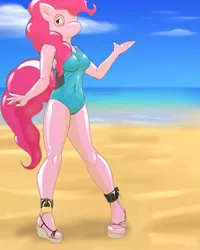 Size: 1024x1280 | Tagged: suggestive, artist:helixjack, derpibooru import, pinkie pie, anthro, earth pony, human, plantigrade anthro, ankle cuffs, beach, blushing, bodysuit, clothes, cosplay, costume, encasement, female, forced cosplay, latex, latex suit, locking high heels, one-piece swimsuit, padlock, rubber, sandals, solo, solo female, swimsuit, wedge heel