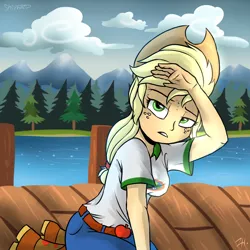 Size: 2500x2500 | Tagged: safe, artist:shimazun, derpibooru import, applejack, equestria girls, legend of everfree, clothes, cowboy hat, denim, freckles, hat, lake, scenery, shorts, solo, stetson