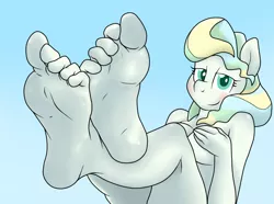 Size: 1010x750 | Tagged: anonymous artist, anthro, barefoot, blue background, blushing, breasts, colored pupils, covering, derpibooru import, feet, feet up, female, foot fetish, foot focus, foot tease, gradient background, legs in air, looking at you, nudity, plantigrade anthro, simple background, smiling, soles, solo, stupid sexy vapor trail, suggestive, teasing, toes, top bolt, vapor trail, wingless anthro