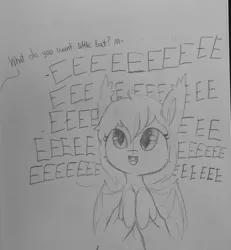 Size: 1078x1167 | Tagged: safe, artist:tjpones, derpibooru import, part of a set, oc, unofficial characters only, bat pony, pony, :d, bust, cheek fluff, cute, dialogue, ear fluff, ear tufts, eeee, fangs, female, grayscale, happy, holding a pony, lineart, looking up, mare, monochrome, offscreen character, open mouth, part of a series, screech, sketch, smiling, smol, spread wings, this will end in deafness, traditional art, what do you want