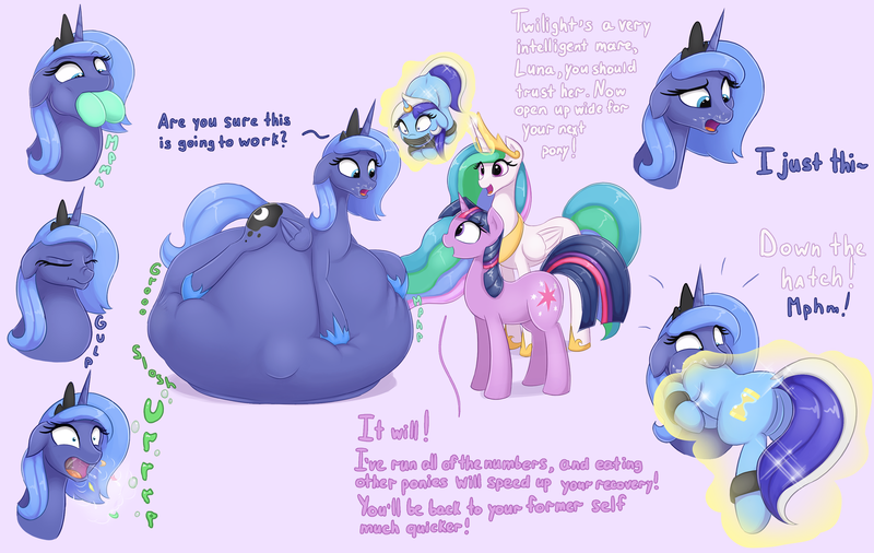 Size: 2055x1300 | Tagged: questionable, semi-grimdark, artist:augustbebel, derpibooru import, lyra heartstrings, minuette, princess celestia, princess luna, twilight sparkle, alicorn, pony, unicorn, belly, belly bed, big belly, bondage, burp, butt, cuffs, dialogue, digestion, fat, feedee, feeder, female, fetish, force feeding, gag, horn ring, imminent death, immobile, impossibly large belly, lunapred, magic, magic suppression, mare, morbidly obese, multiple prey, obese, open mouth, plot, s1 luna, scrunchy face, stomach noise, stuffing, swallowing, tape gag, text, throat bulge, vore