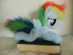 Size: 4000x3000 | Tagged: artist:masha05, book, derpibooru import, filly, filly rainbow dash, irl, photo, plushie, prone, rainbow dash, safe, solo