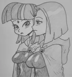 Size: 2233x2407 | Tagged: artist:canime, blushing, breasts, busty twilight sparkle, clothes, cosplay, costume, crossover, derpibooru import, duo, duo female, female, human, humanized, monochrome, raven (teen titans), safe, sketch, teen titans, traditional art, twilight sparkle, twiraven, voice actor joke