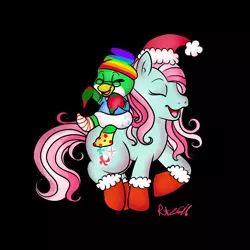 Size: 900x900 | Tagged: artist:therainbowtroll, christmas ponies, clothes, derpibooru import, eyes closed, g3, hat, minty, penguin, safe, santa hat, socks