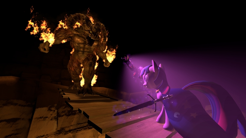 Size: 1920x1080 | Tagged: 3d, artist:kombatantchampion, balrog, bridge, crossover, demon, derpibooru import, fire, lord of the rings, safe, source filmmaker, staff, sword, twilight sparkle, weapon