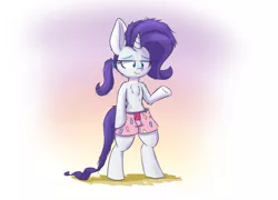 Size: 1250x900 | Tagged: safe, artist:heir-of-rick, derpibooru import, rarity, pony, alternate hairstyle, bed mane, bipedal, boxers, chest fluff, clothes, implied raripie, impossibly large ears, lidded eyes, ponytail, smiling, solo, topless, underhoof, underwear