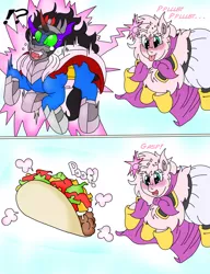 Size: 1384x1800 | Tagged: safe, artist:blackbewhite2k7, derpibooru import, king sombra, oc, oc:fluffle puff, beam, blushing, comic, crossover, dabura, dragon ball z, drool, exclamation point, fat buu, food, food transformation, gasp, inanimate tf, interrobang, majin buu, open mouth, poof, question mark, raspberry, sombra eyes, taco, tongue out, transformation, wide eyes, xk-class end-of-the-world scenario