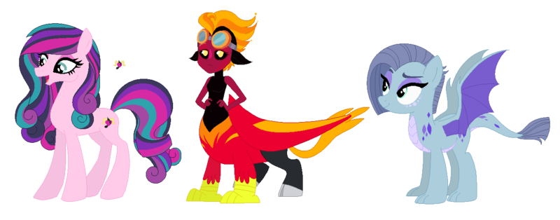 Size: 1350x530 | Tagged: artist:unoriginai, crack ship offspring, crack shipping, derpibooru import, dracony, hybrid, interspecies offspring, magical lesbian spawn, oc, oc:hellfire, oc:melody, oc:rare geode, offspring, original species, parent:coloratura, parent:lord tirek, parent:maud pie, parent:philomena, parent:princess cadance, parent:princess ember, safe, simple background, transparent background, unofficial characters only